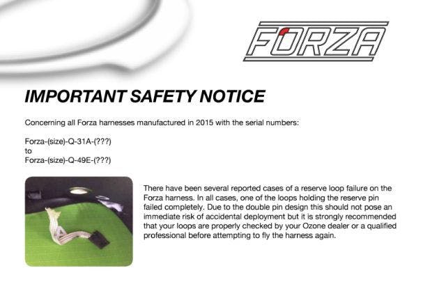 Forza Harness Reserve Loops SAFETY NOTICE